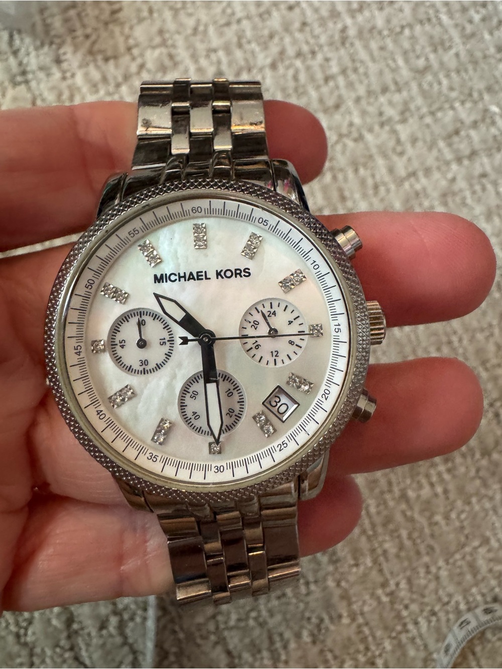 Michael Kors Silver-Tone women’s Watch with Mother-of-Pearl Dial- needs battery